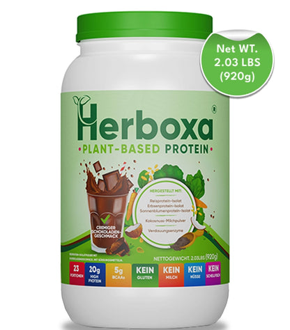 Herboxa Plant-Based Protein 920g chocolate flavored vegan protein tub